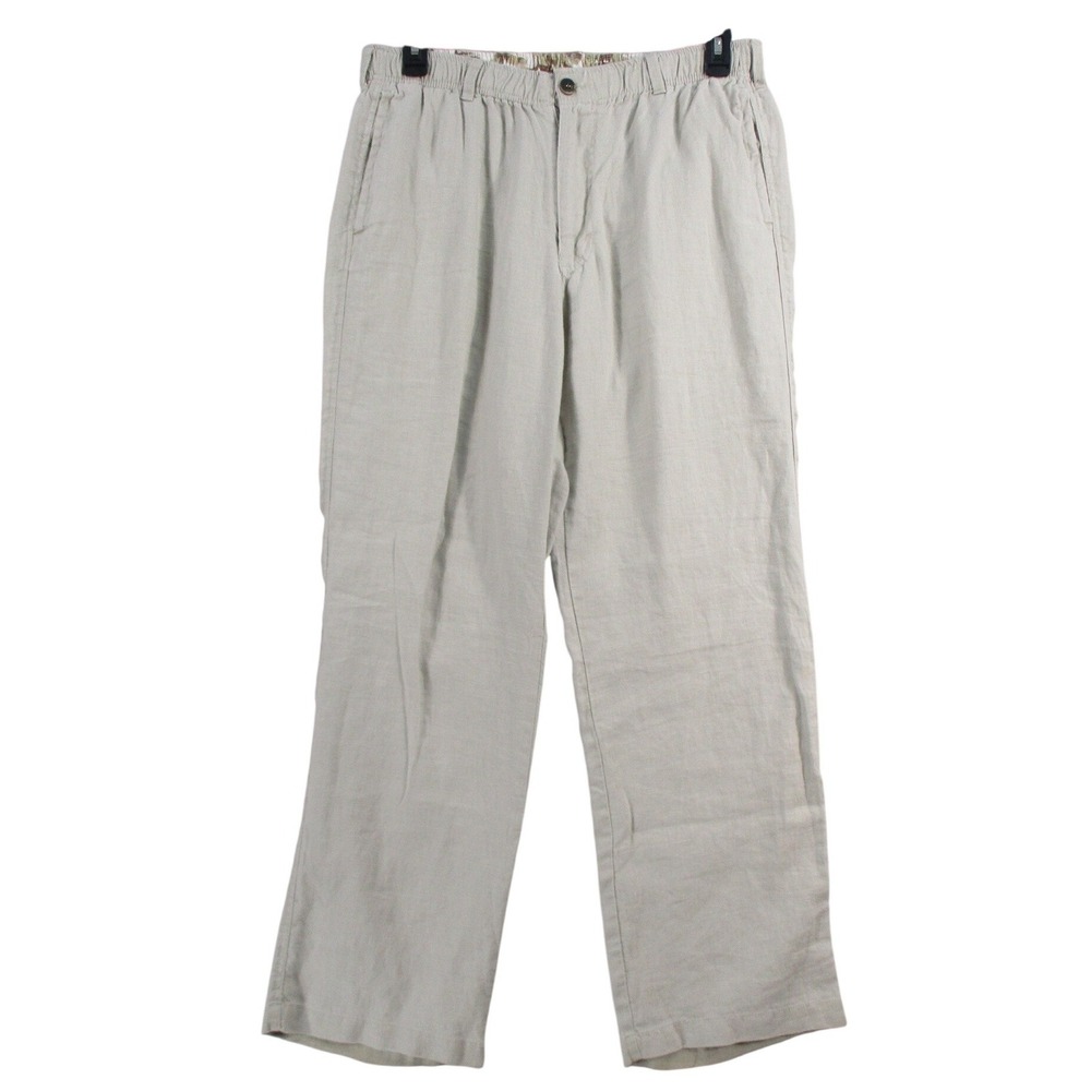 28 Palms Linen Blend Elastic Waist Straight Leg Pants Oatmeal Beige Women L